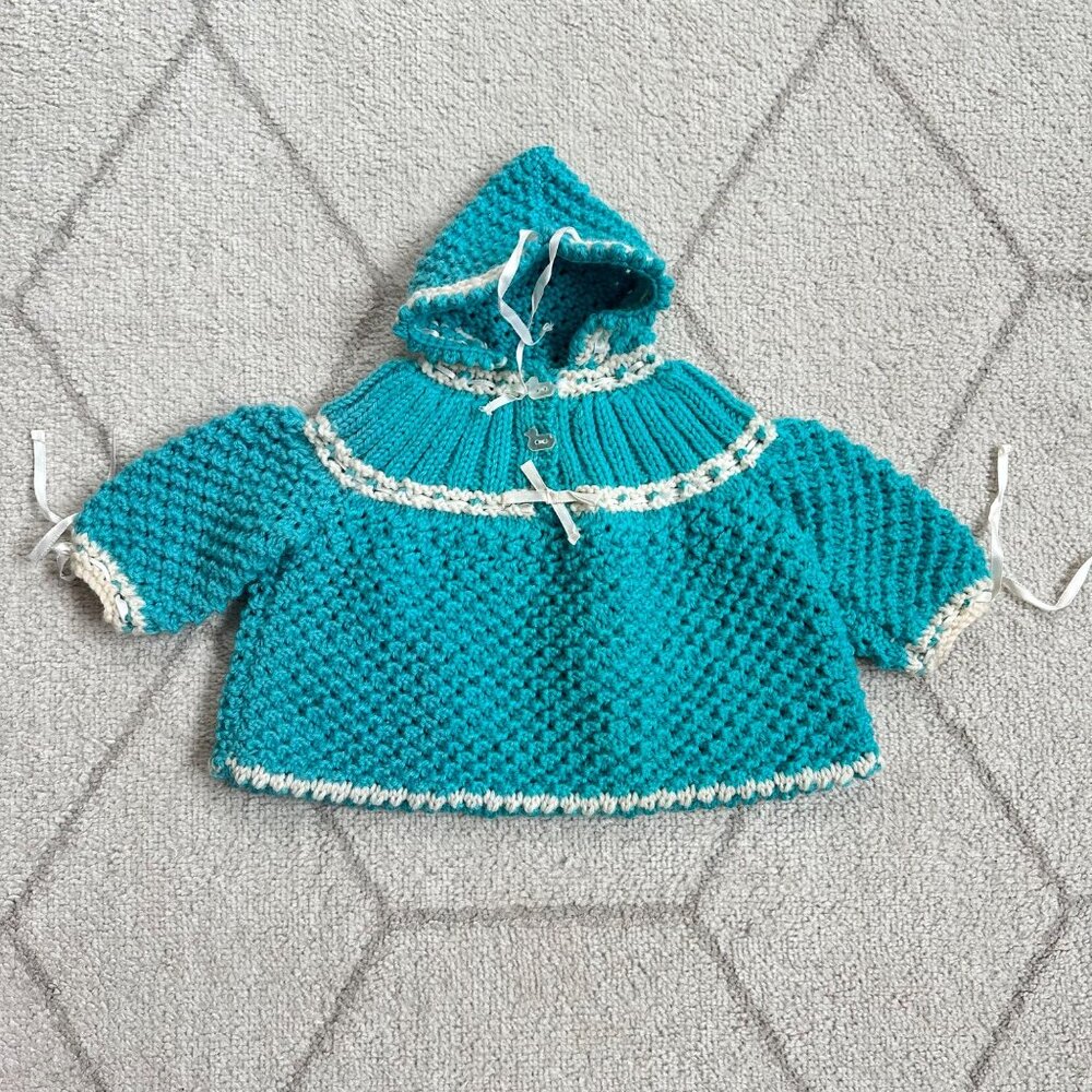 Handmade Vintage Baby Sweater With Hood & Duck Buttons/ Doll Clothes